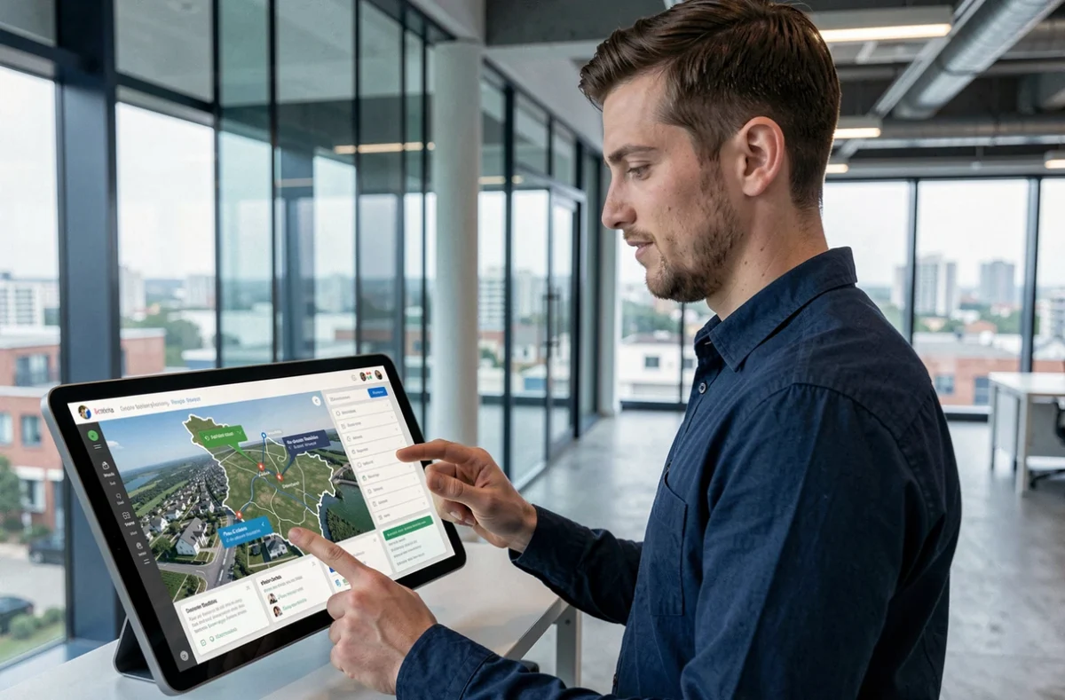 Conseiller Copilot Immo utilisant une interface numérique d'investissement locatif dans un bureau moderne du Pas-de-Calais