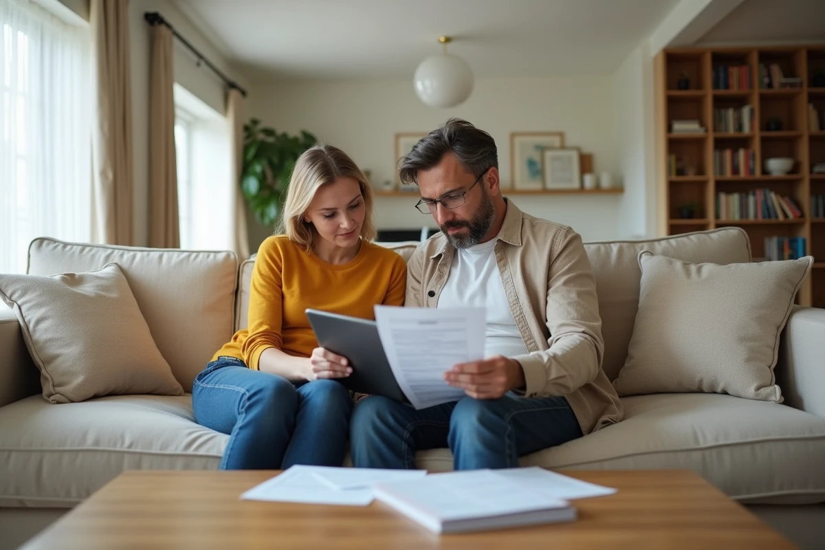 Couple comparant leurs contrats d'assurance habitation et auto ensemble sur canapé dans un salon