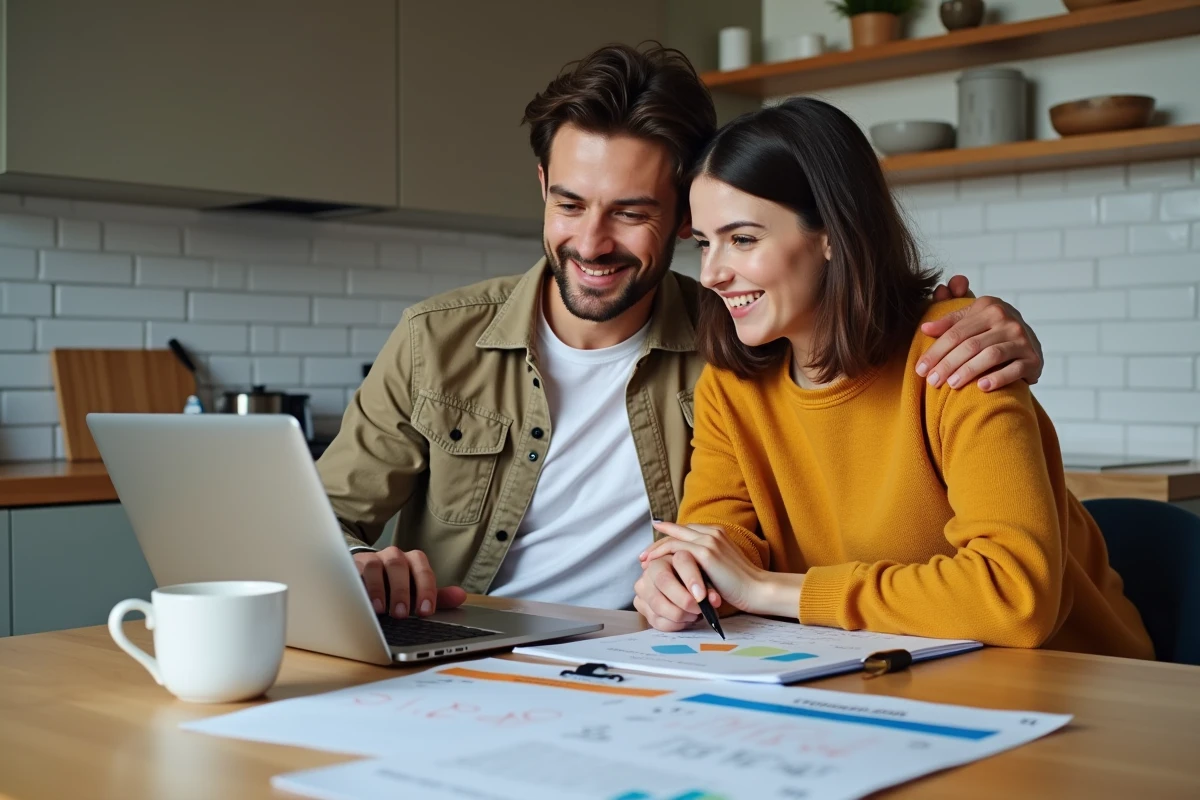 Couple comparant des offres d'épargne salariale à la maison pour décider d'un transfert depuis le CIC