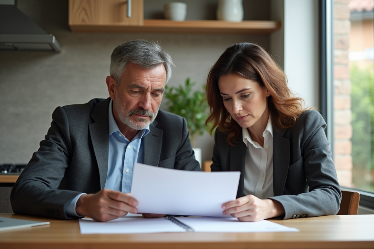 Couple d'adultes examinant des documents d'assurance à la maison
