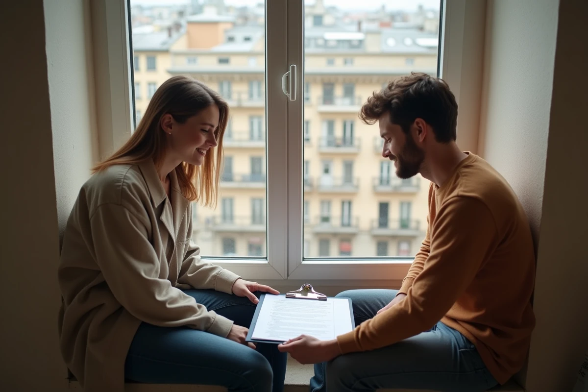 Couple examinant un courrier CAF relatif aux APL dans leur nouvel appartement après un changement de logement