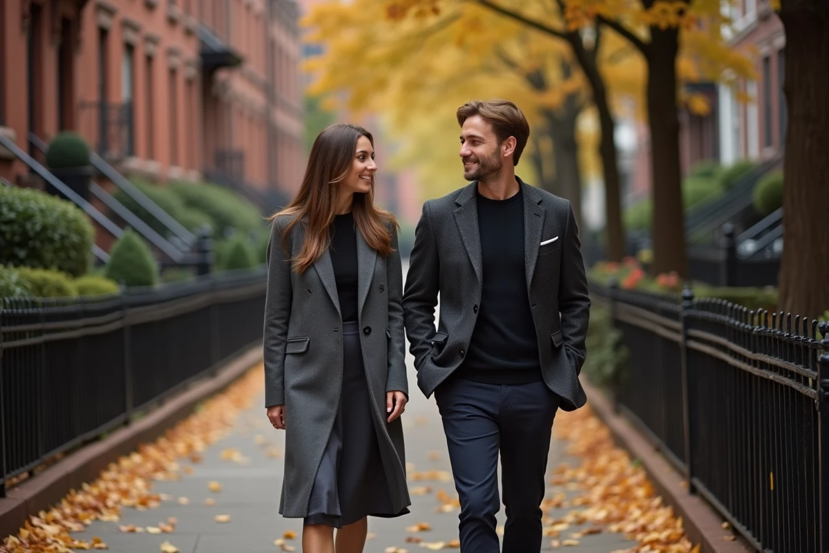 Couple élégant se promenant dans un quartier résidentiel huppé de New York en automne