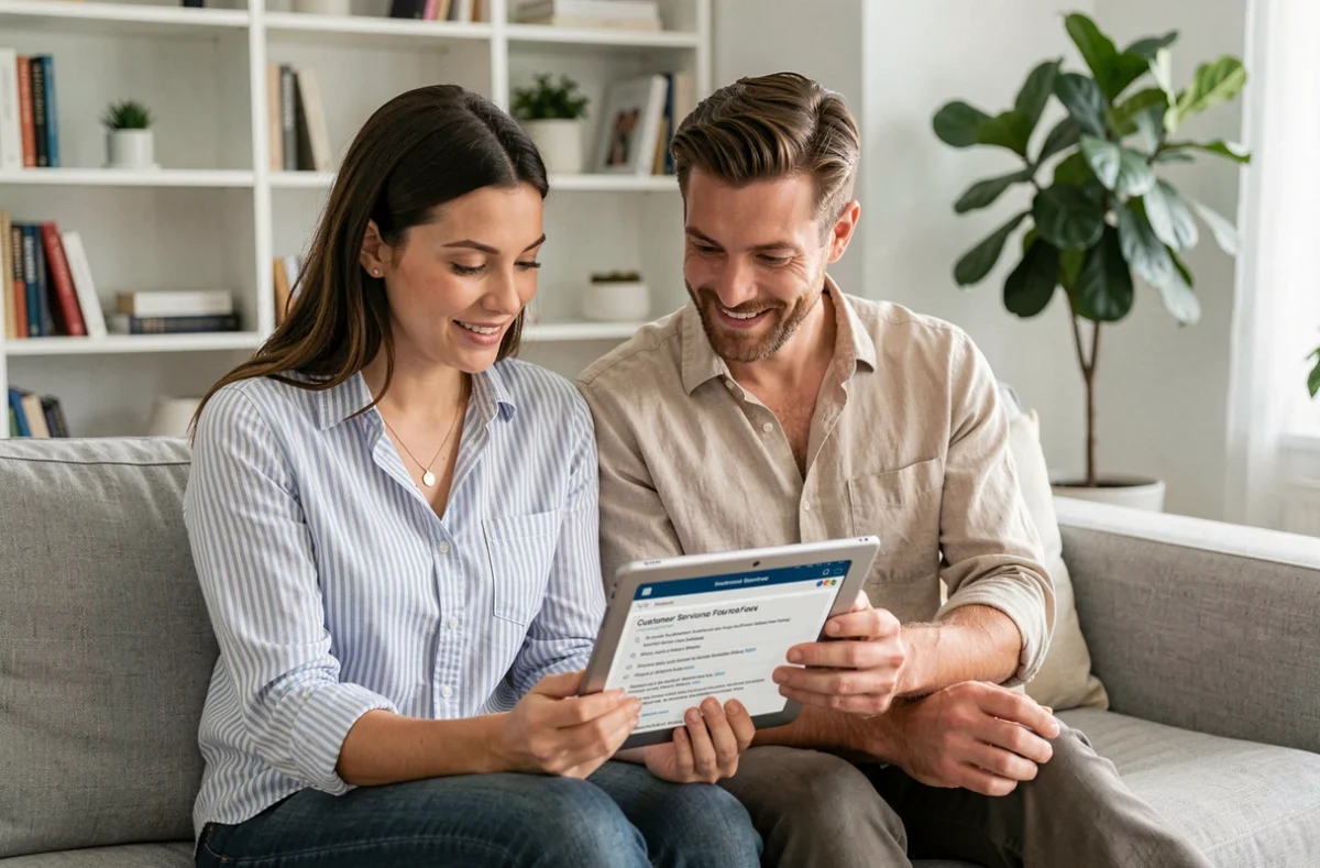 Couple consultant ensemble la FAQ du service clients Lydia sur une tablette dans leur salon