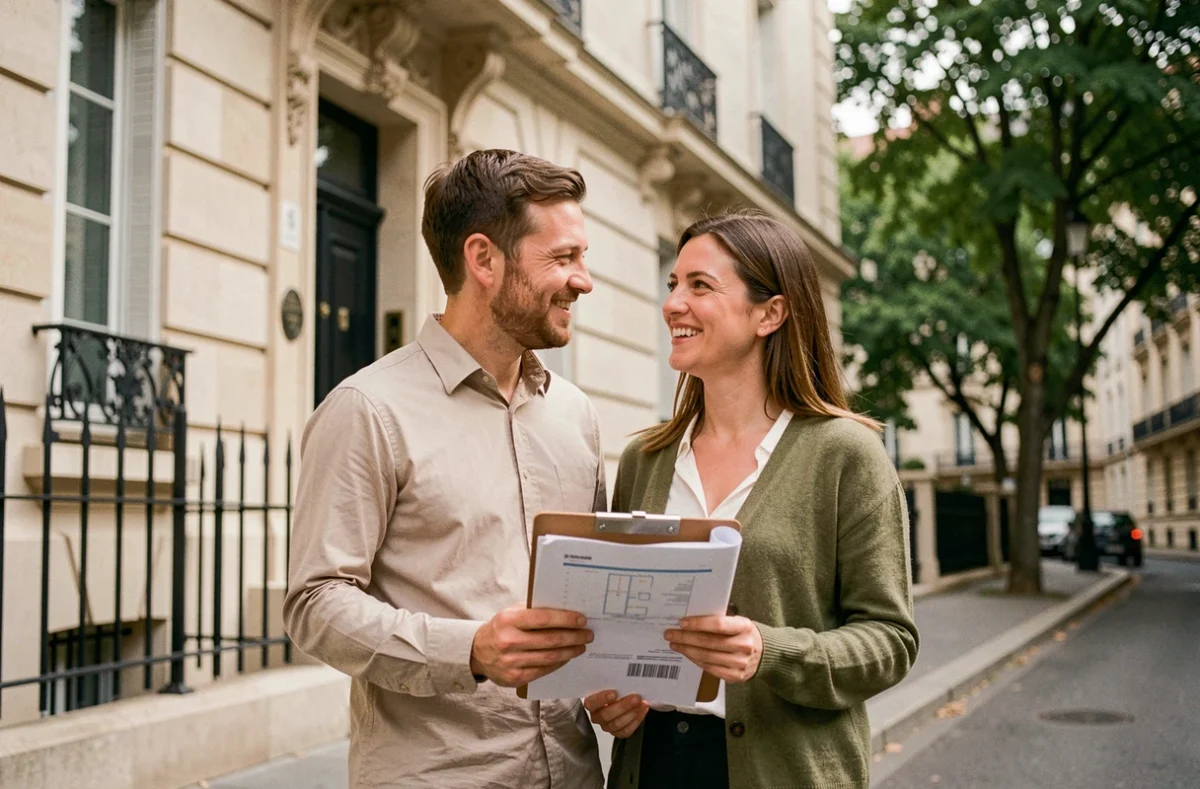 Couple d'investisseurs devant un immeuble locatif financé grâce au meilleur taux bancaire en 2026