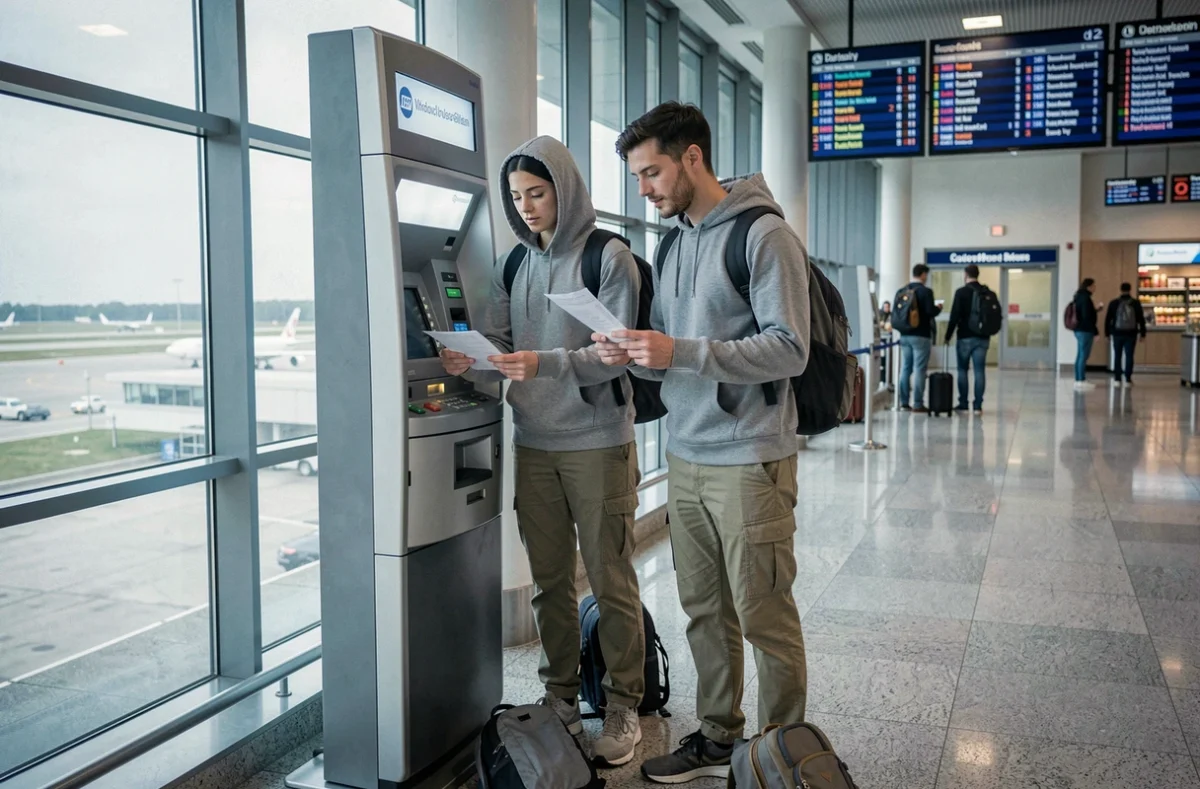 Couple retirant des espèces à un distributeur automatique dans un aéroport avant un départ en voyage