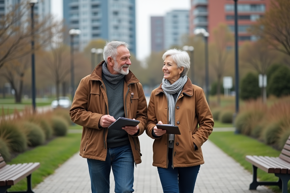 Couple retraité discutant dans un parc urbain en marchant