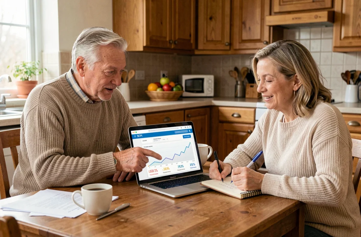 Couple de retraités comparant des offres de SCPI sur ordinateur portable à la maison