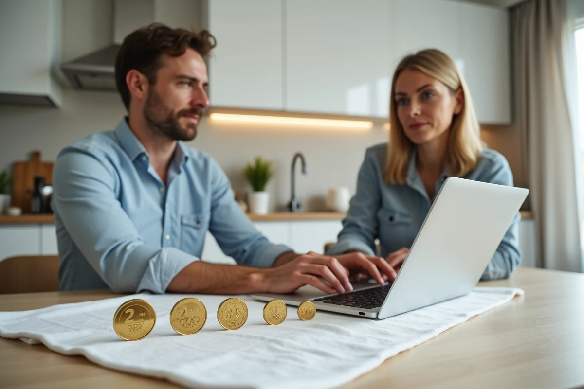 Couple consultant un site de vente en ligne pour vendre des pièces 2 euros Jeux Olympiques 2026