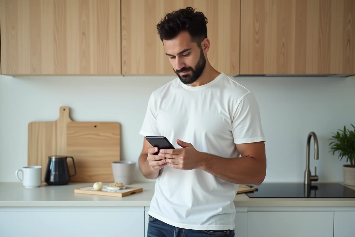 Créateur de contenu UGC masculin préparant une vidéo TikTok dans une cuisine moderne