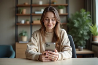 Créatrice UGC filmant une vidéo TikTok avec son smartphone depuis son bureau à domicile