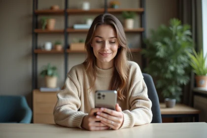 Créatrice UGC filmant une vidéo TikTok avec son smartphone depuis son bureau à domicile