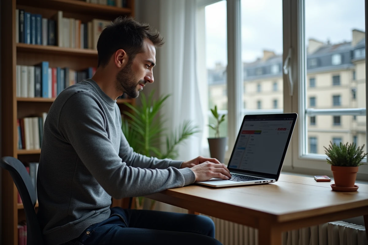 Homme utilisant le service Cyberplus Banque Populaire sur ordinateur portable depuis son domicile