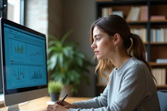 Jeune femme débutante en bourse prenant des notes devant un écran affichant des graphiques financiers dans un bureau à domicile moderne