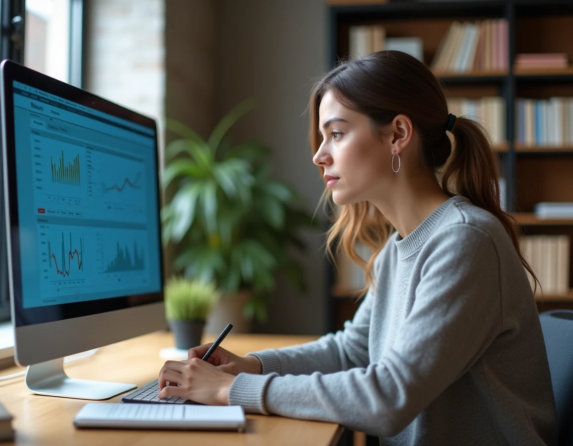 Jeune femme débutante en bourse prenant des notes devant un écran affichant des graphiques financiers dans un bureau à domicile moderne