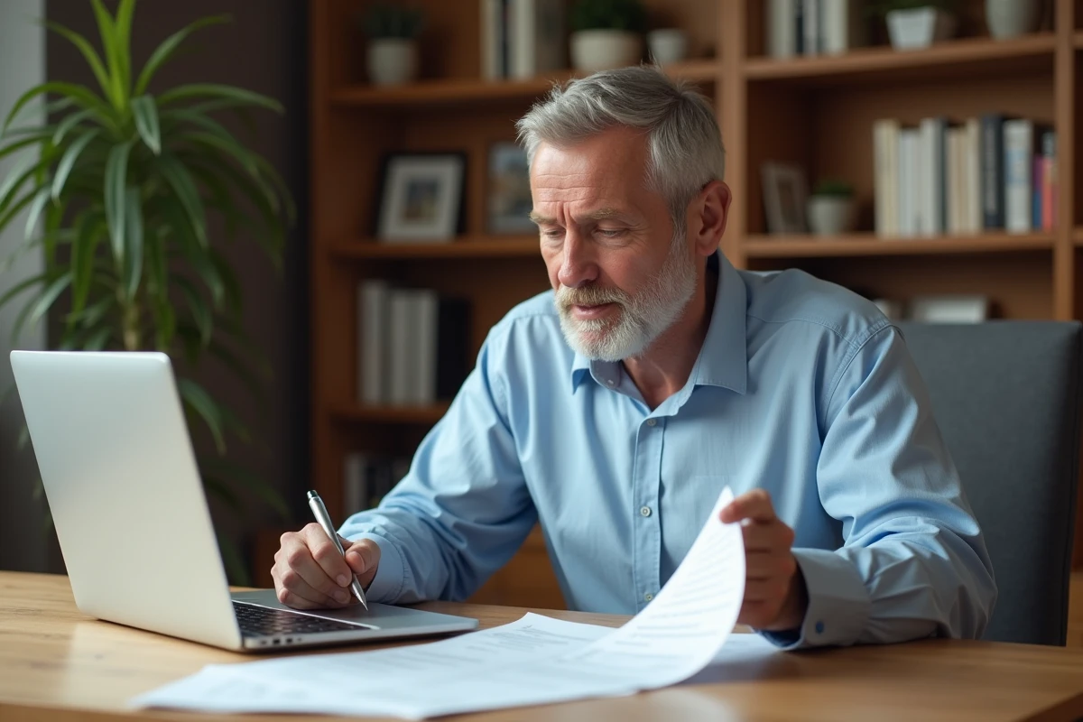 Homme consultant des documents de déclaration fiscale 3916 bis sur son bureau à domicile