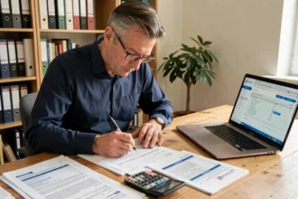 Homme de 40 ans remplissant une déclaration IFI avec des documents SCPI sur un bureau en bois à domicile