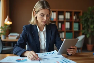 Dirigeante de PME consultant des documents sur l'épargne salariale Epsens à son bureau en 2026