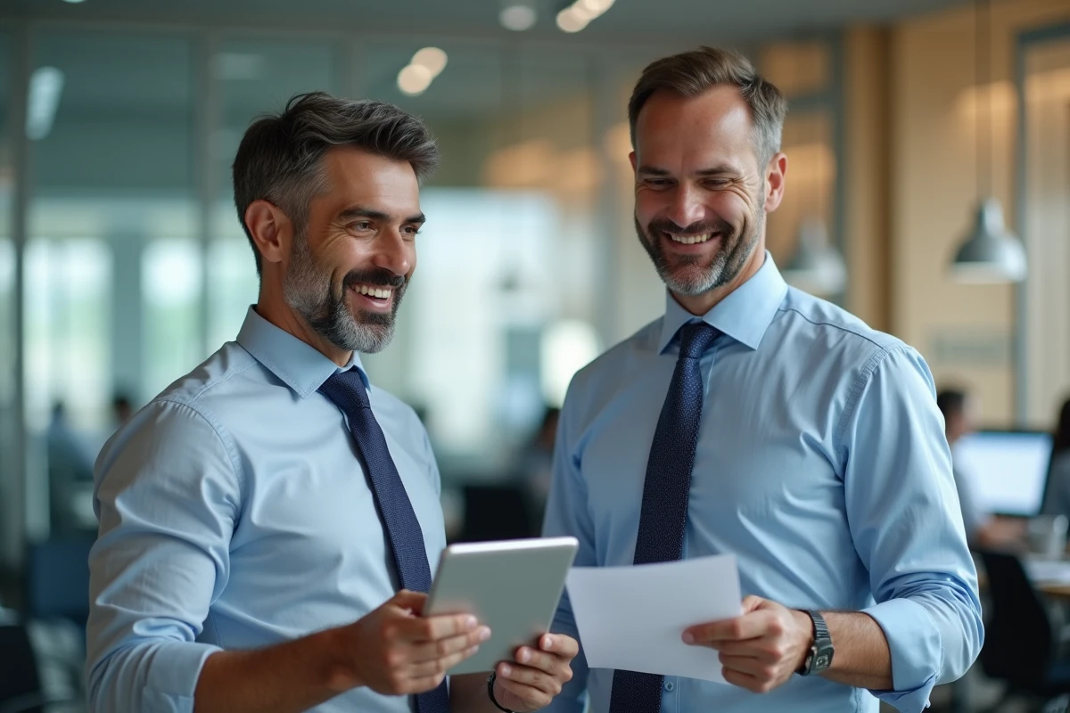 Hommes discutant de prêts dans une banque moderne