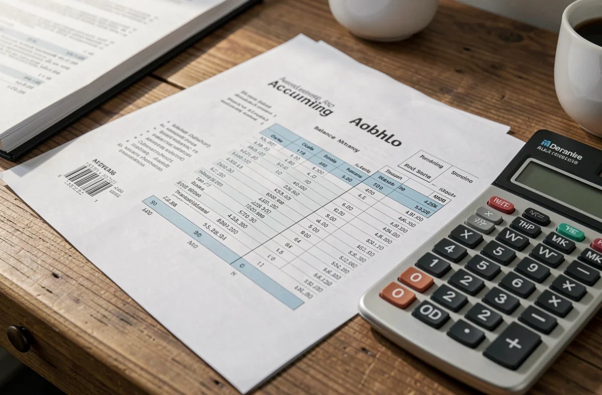 Documents comptables et calculatrice posés sur un bureau