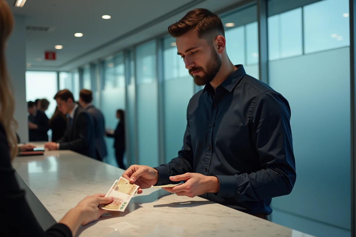 Homme échangeant des billets de francs contre des euros au guichet d'une banque moderne