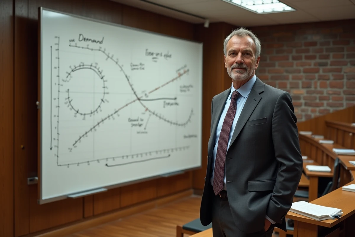 Économiste devant un tableau de graphiques keynésiens dans un amphithéâtre universitaire