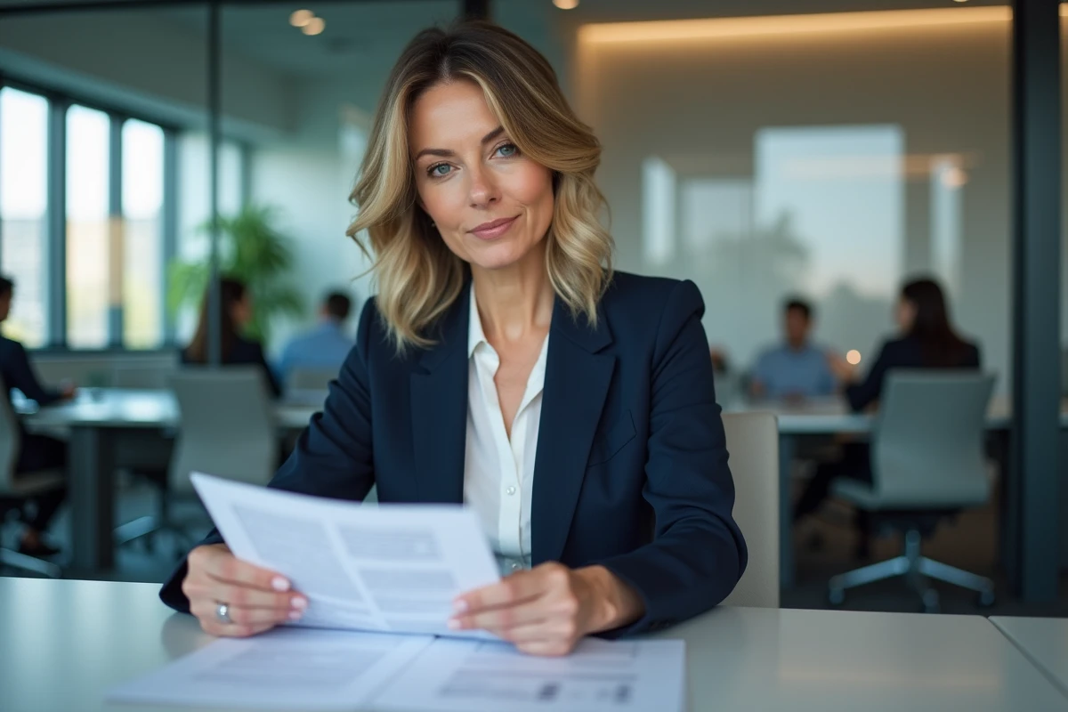 Employée de Société Générale consultant des documents lors d'une réunion du comité social et économique en entreprise