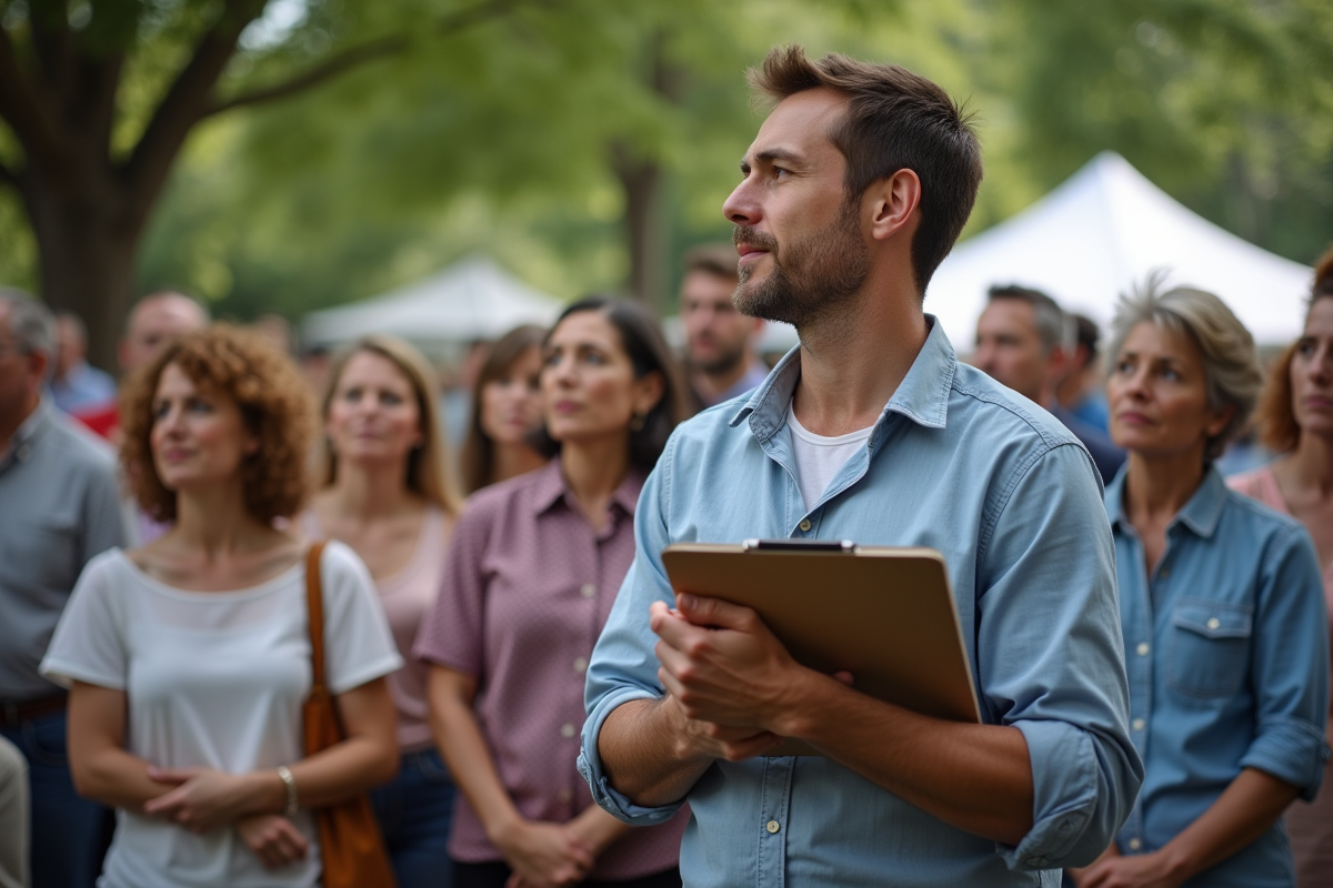 Groupe diversifié participant à une vente aux enchères en plein air