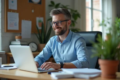 Professeur homme au bureau maison en tenue décontractée