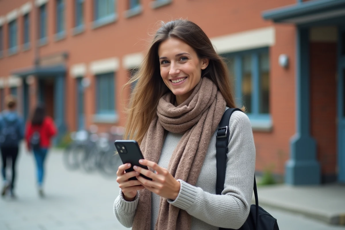 Jeune femme enseignante souriante avec calculatrice dehors