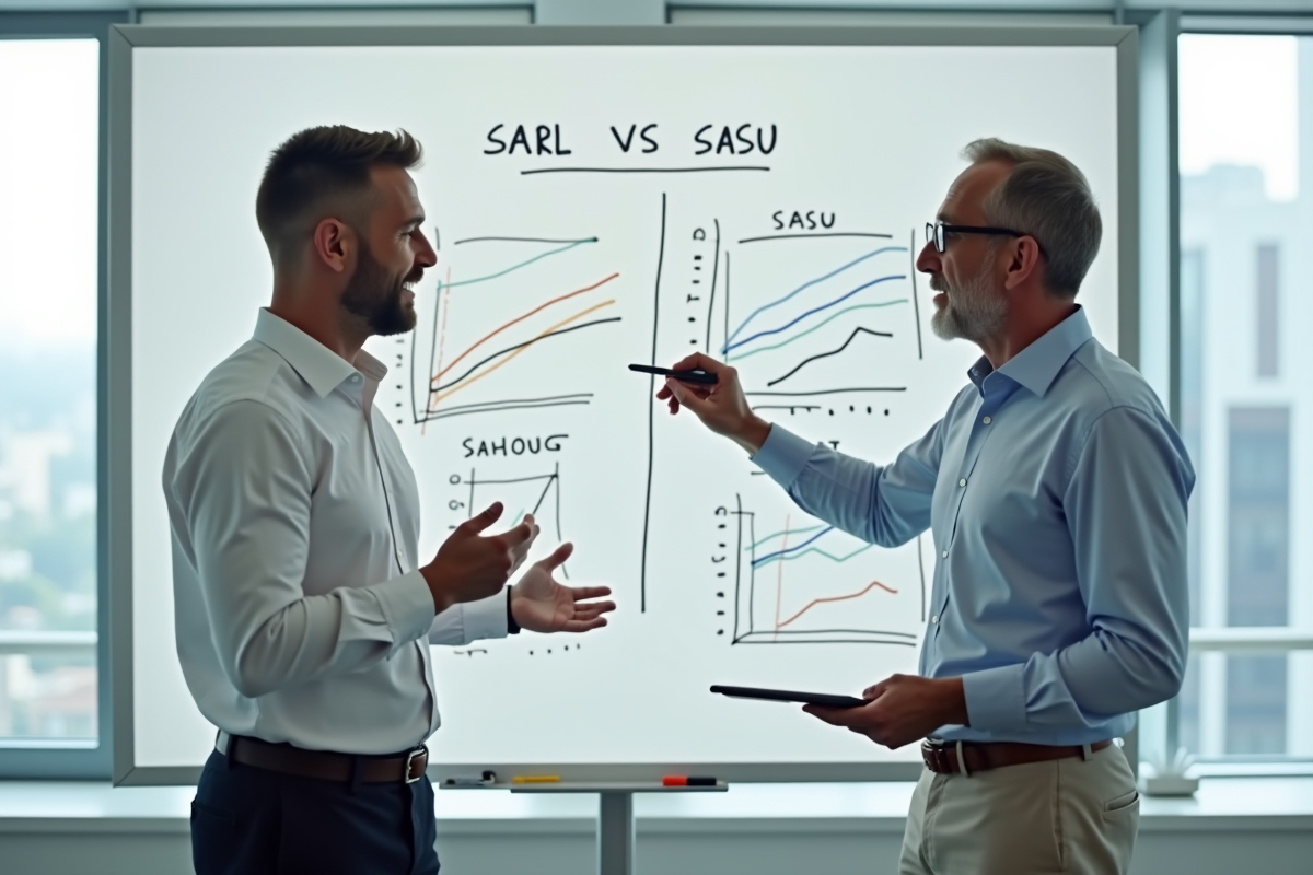 Deux entrepreneurs discutant devant un tableau blanc avec diagrammes