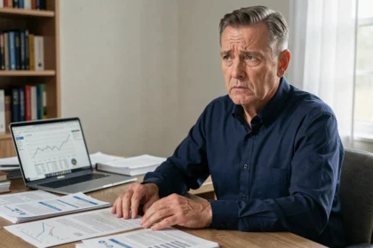 Épargnant inquiet consultant des documents financiers relatifs à la baisse de valeur de sa SCPI