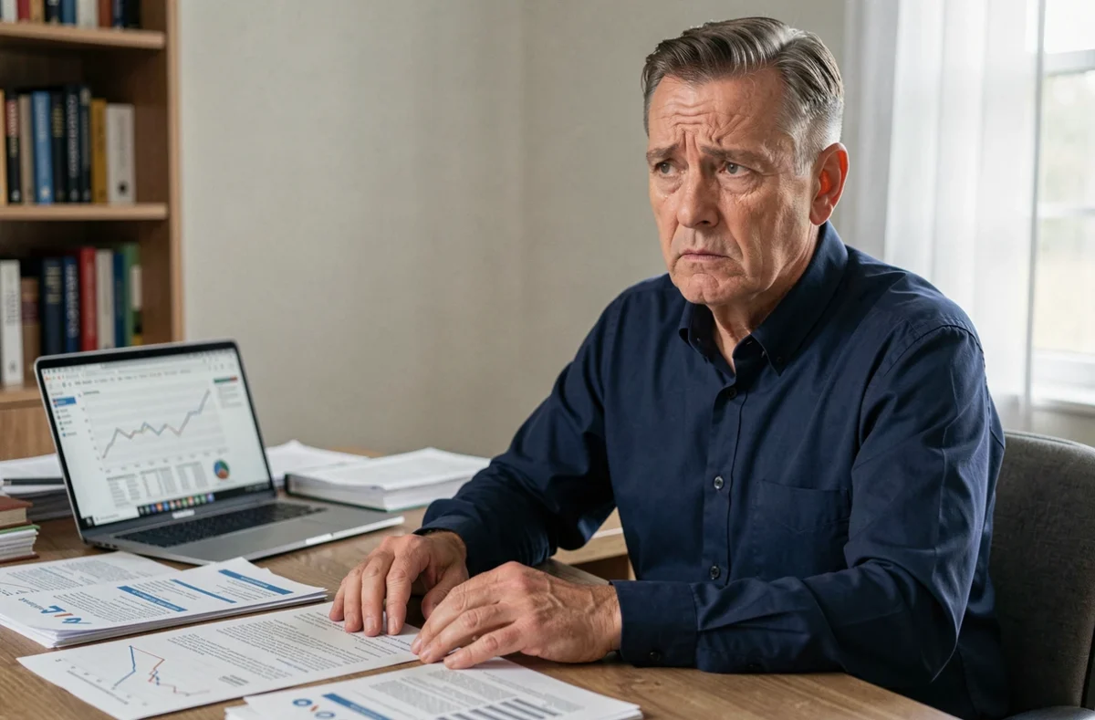 Épargnant inquiet consultant des documents financiers relatifs à la baisse de valeur de sa SCPI