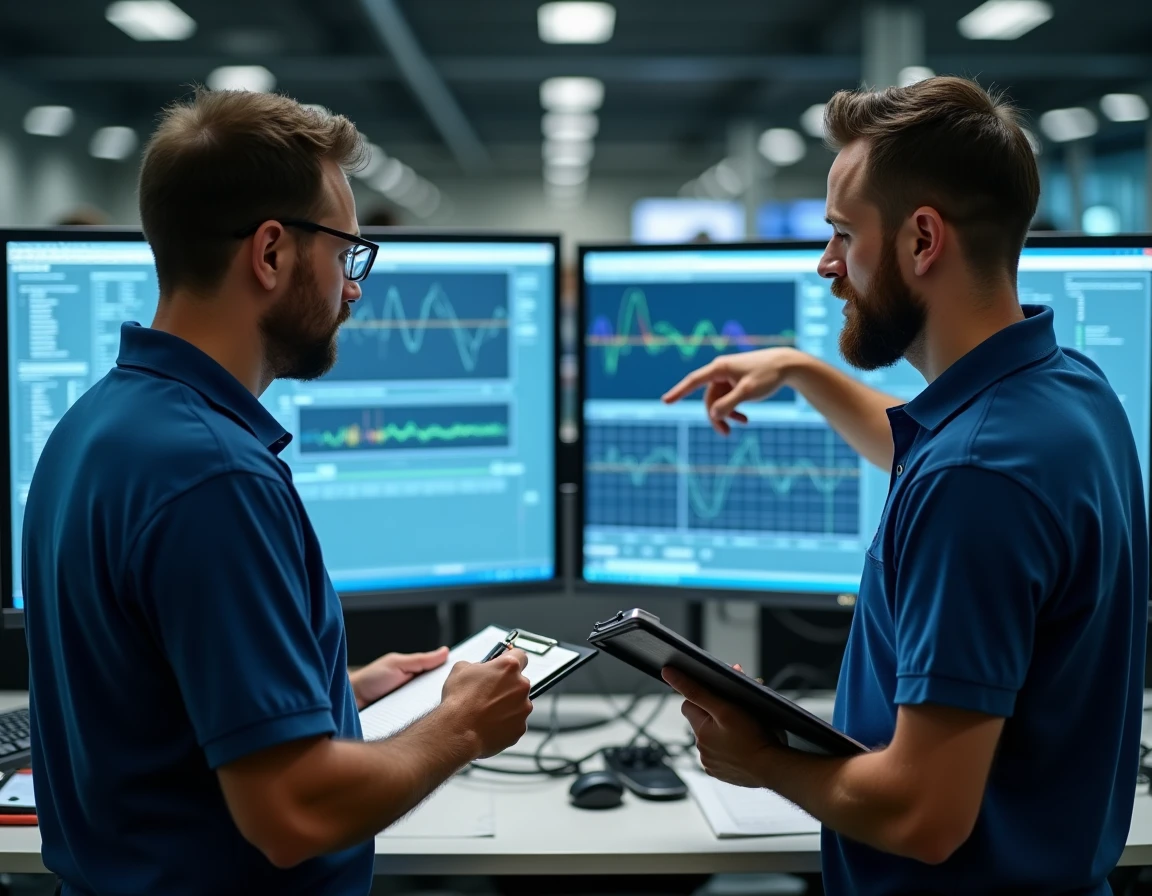 Deux ingénieurs analysant les réglages de sécurité d'un système CMUT sur des moniteurs de configuration