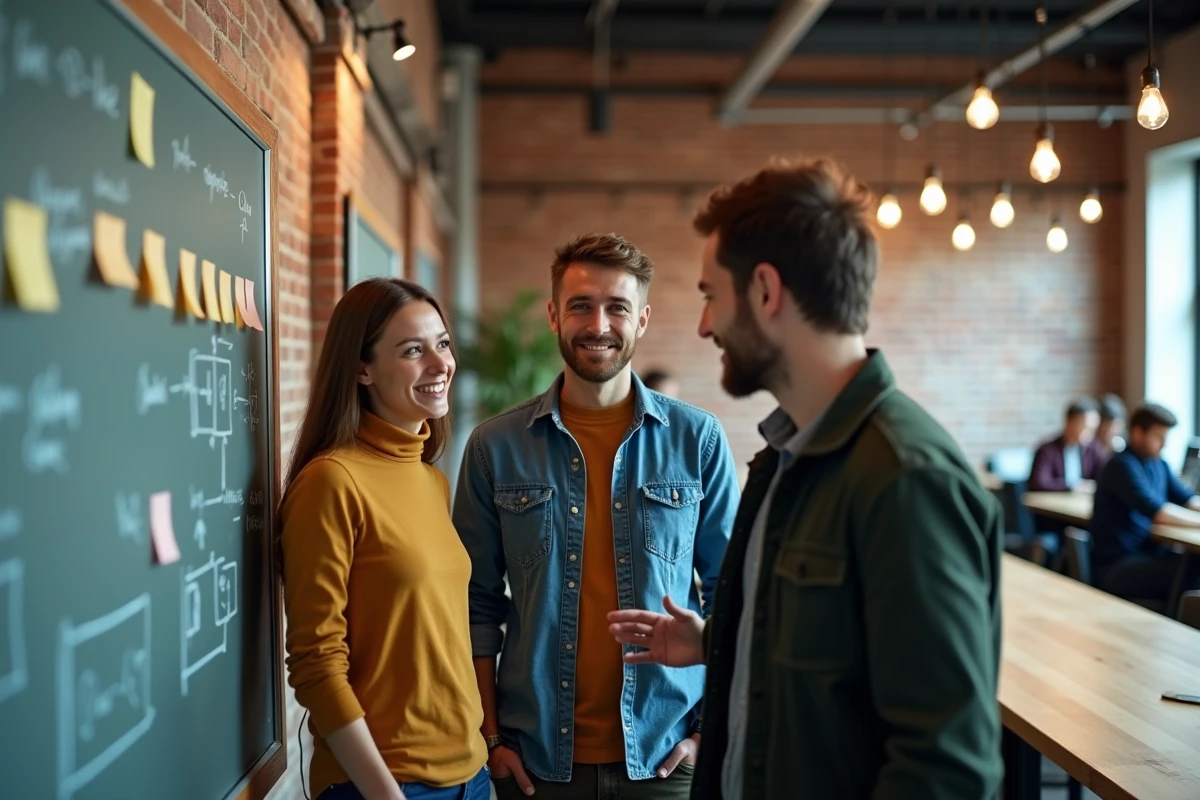 Équipe de professionnels planifiant un projet stratégique sur un tableau blanc dans un espace de coworking moderne