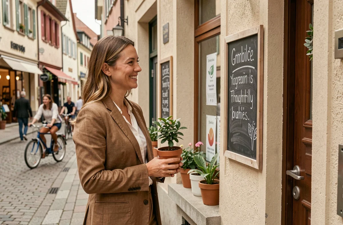 Agente d'Ethiqu'immo devant l'agence engagée de Strasbourg avec une plante et un tableau ardoise
