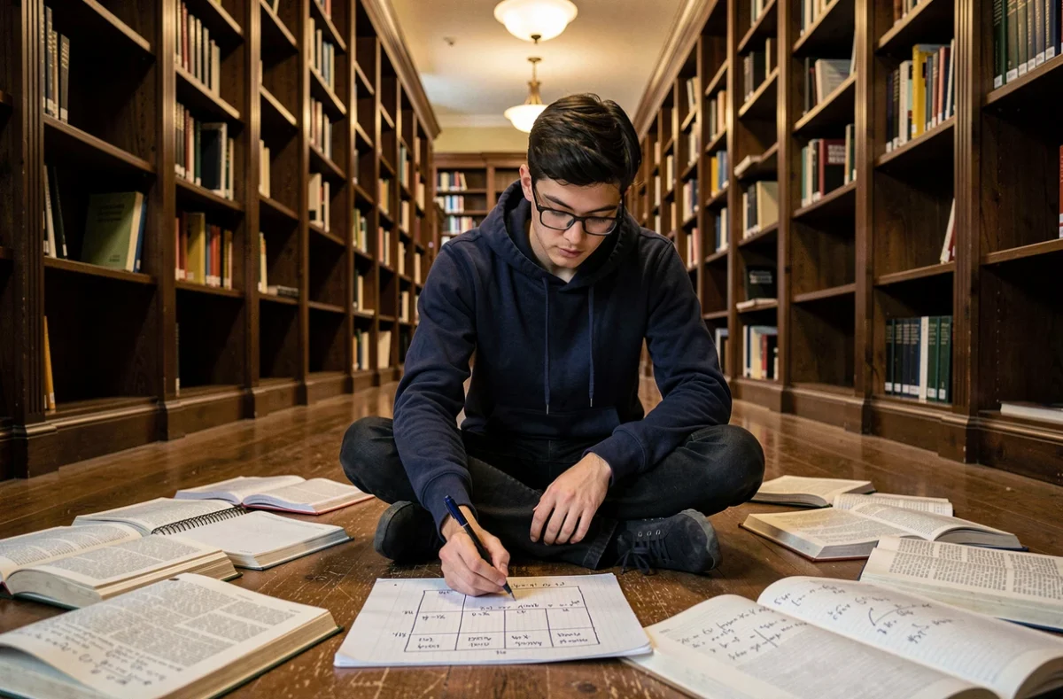 Étudiant en mathématiques travaillant sur des formules de taux d'évolution et tableaux de variation dans une bibliothèque universitaire