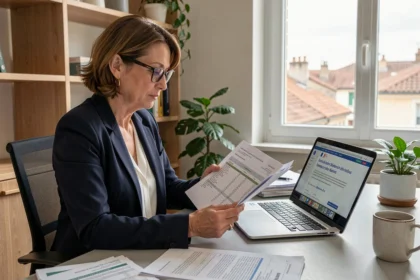 Femme expatriée consultant ses documents fiscaux français dans un bureau à domicile à Bordeaux