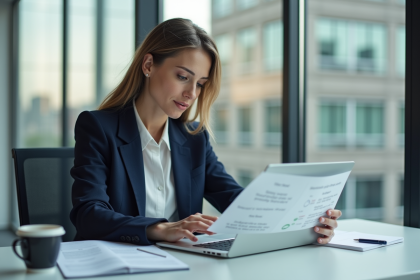 Femme d'affaires concentrée au bureau avec ordinateur portable