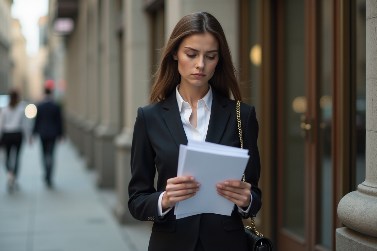 Jeune femme d affaires tenant des documents devant une banque
