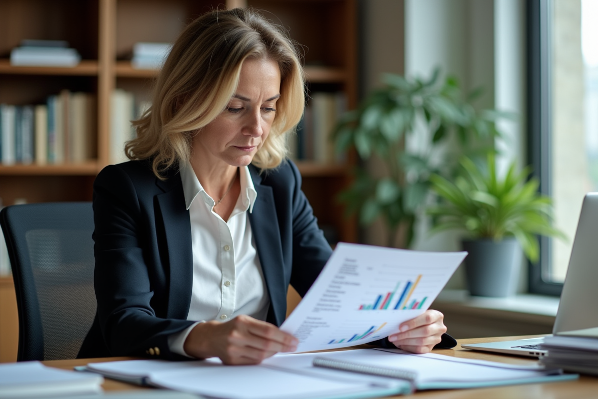 Femme d affaires examine des graphiques boursiers dans son bureau