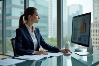 Femme d'affaires en costume bleu examinant des documents numériques