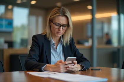 Femme d affaires regardant son smartphone dans une banque