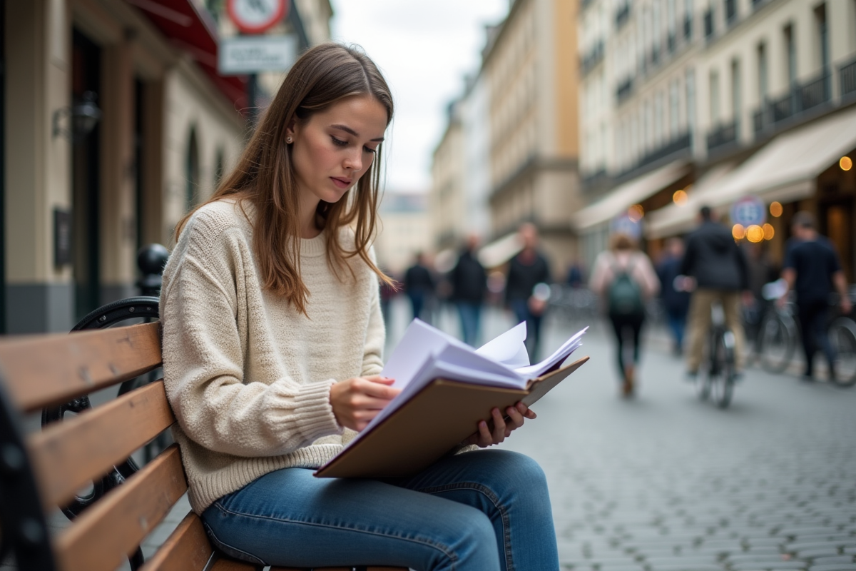 Jeune femme americaine dans une ville avec reçus et notes