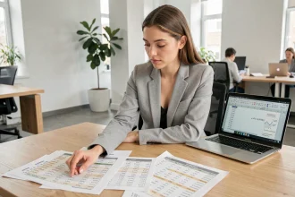 Jeune femme analysant un tableau de variation et des formules de taux d'évolution sur son bureau en open space