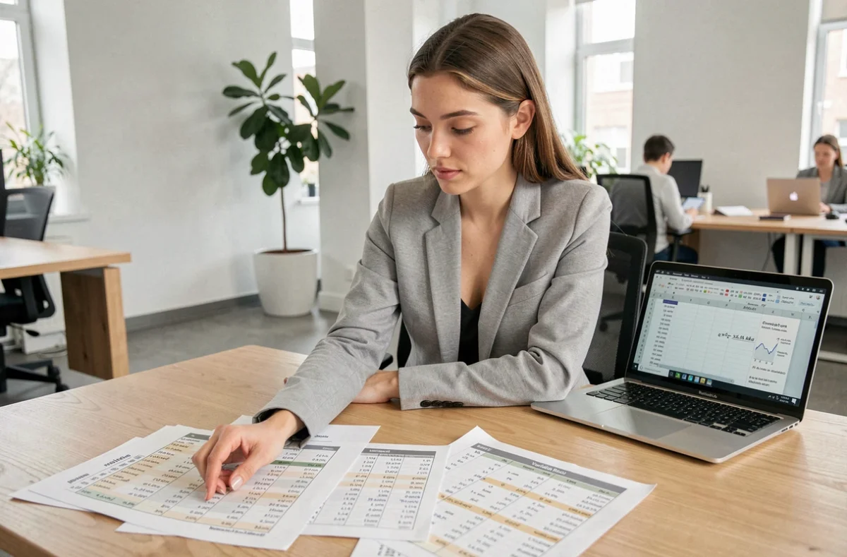 Jeune femme analysant un tableau de variation et des formules de taux d'évolution sur son bureau en open space