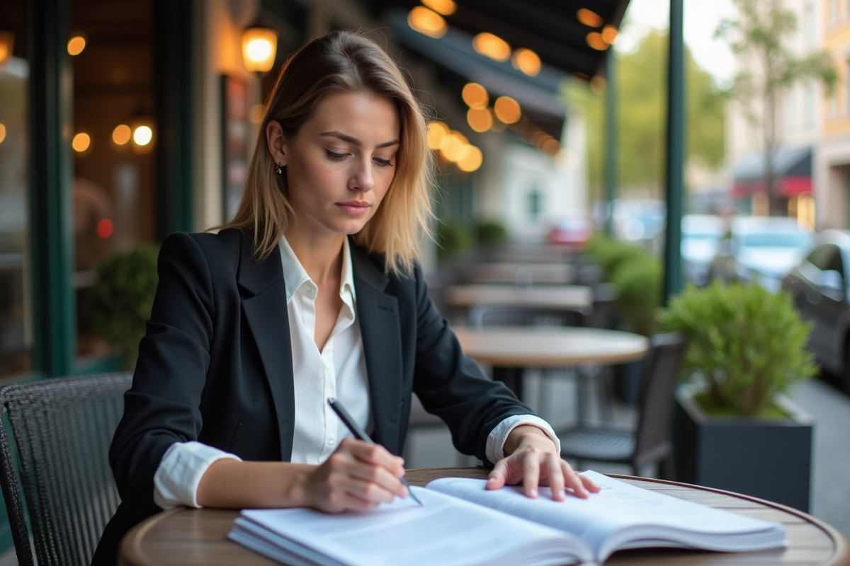 Jeune femme analyste au café avec rapports financiers