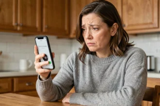 Femme consultant son téléphone avec une expression interrogative après avoir reçu un appel d'un numéro inconnu
