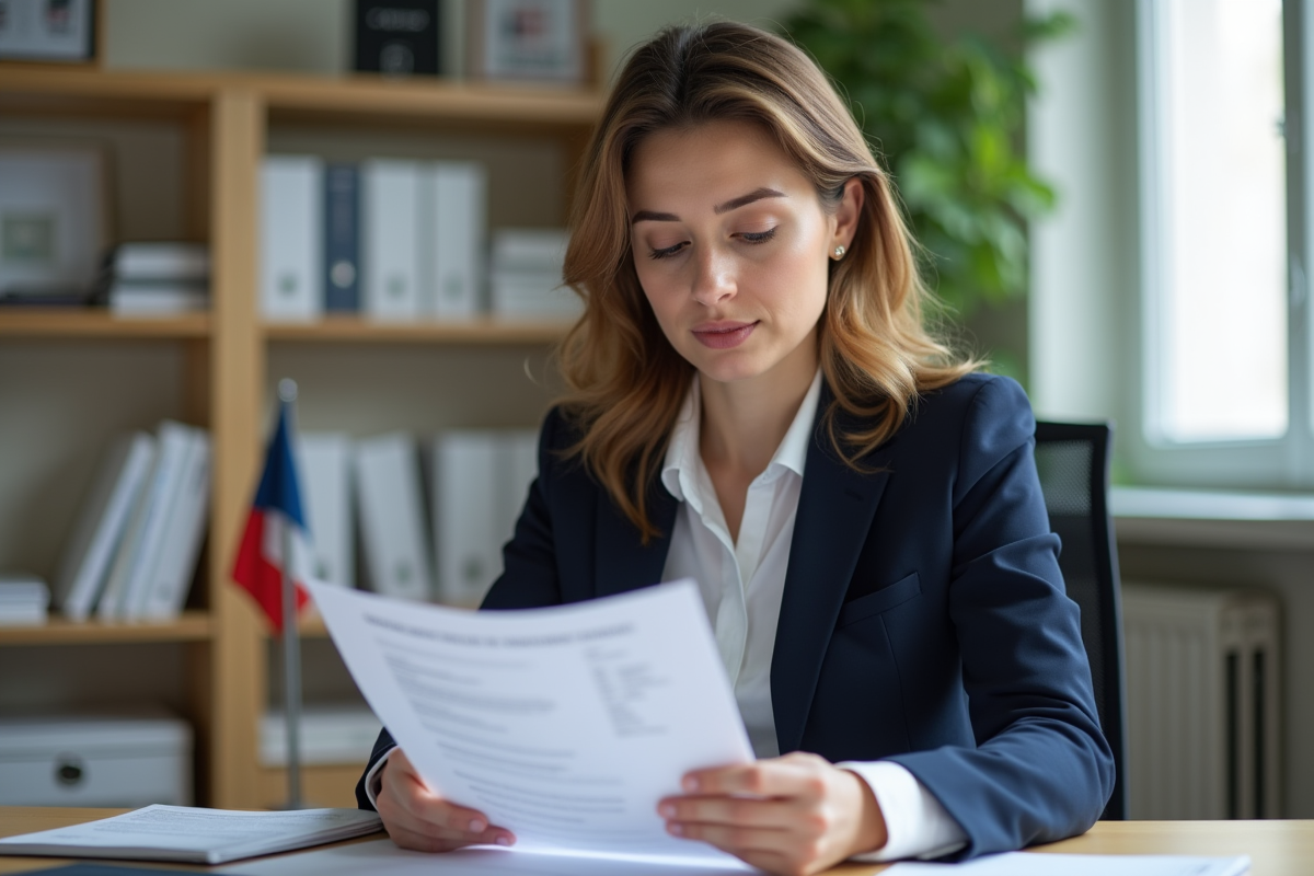 Femme professionnelle examine un certificat d'assurance en bureau