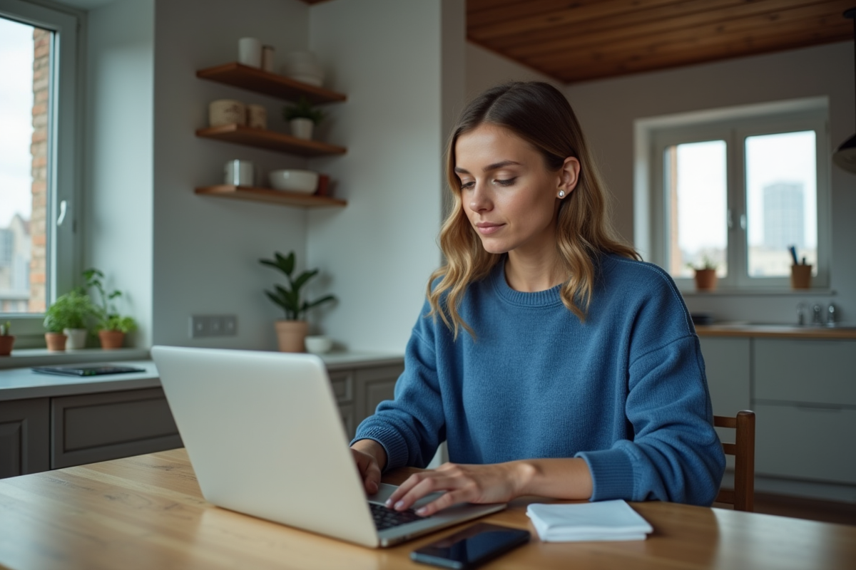 Jeune femme utilisant son ordinateur pour la banque en ligne