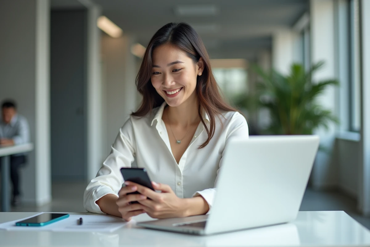 Femme au bureau consultant sa fiche de paie dématérialisée sur son téléphone